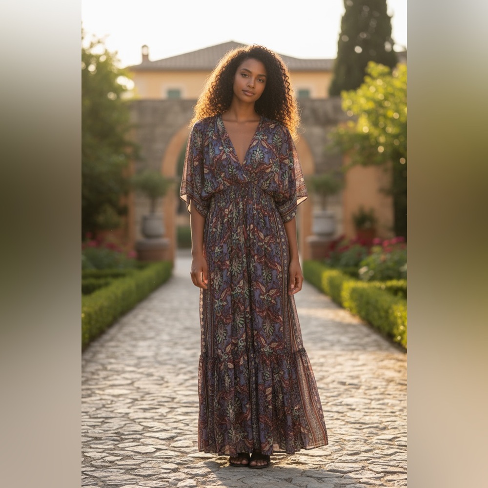 Karma Highway One Size Dolman Blouson Maxi Dress Boho Floral Purple Red Pattern - Picture 3 of 11